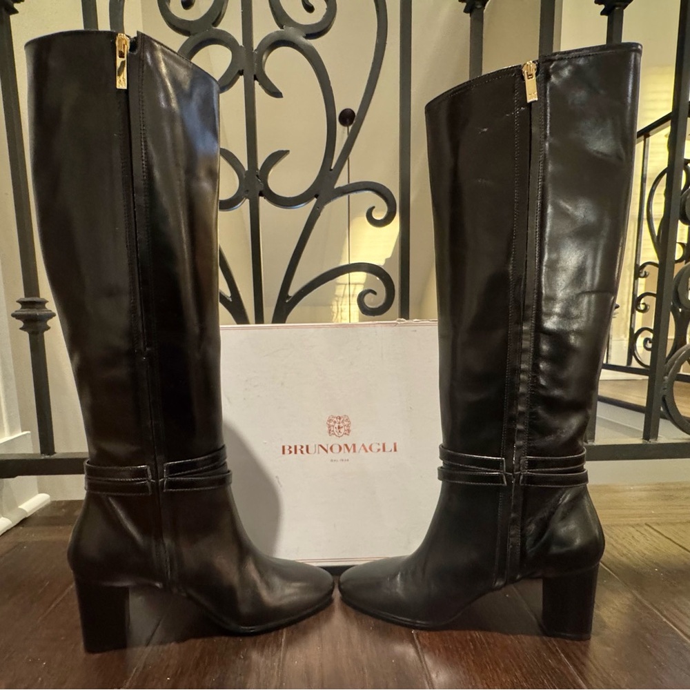 New Bruno Magli Black Adriana Knee High Block Heel Leather Boot - Picture 11 of 13